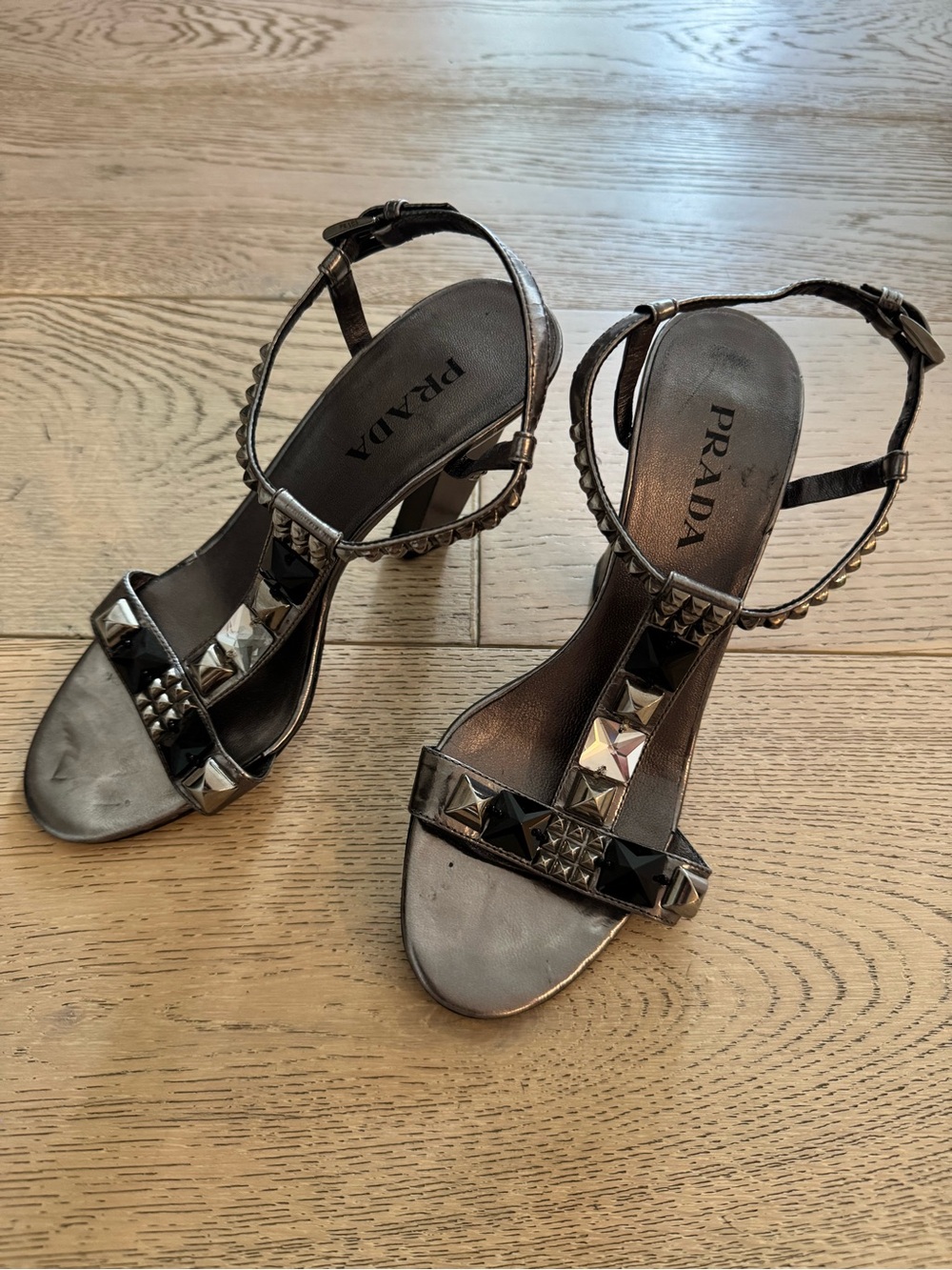Prada Gunmetal Silver Studded T-Strap Heels Sandals - size 35, US 5